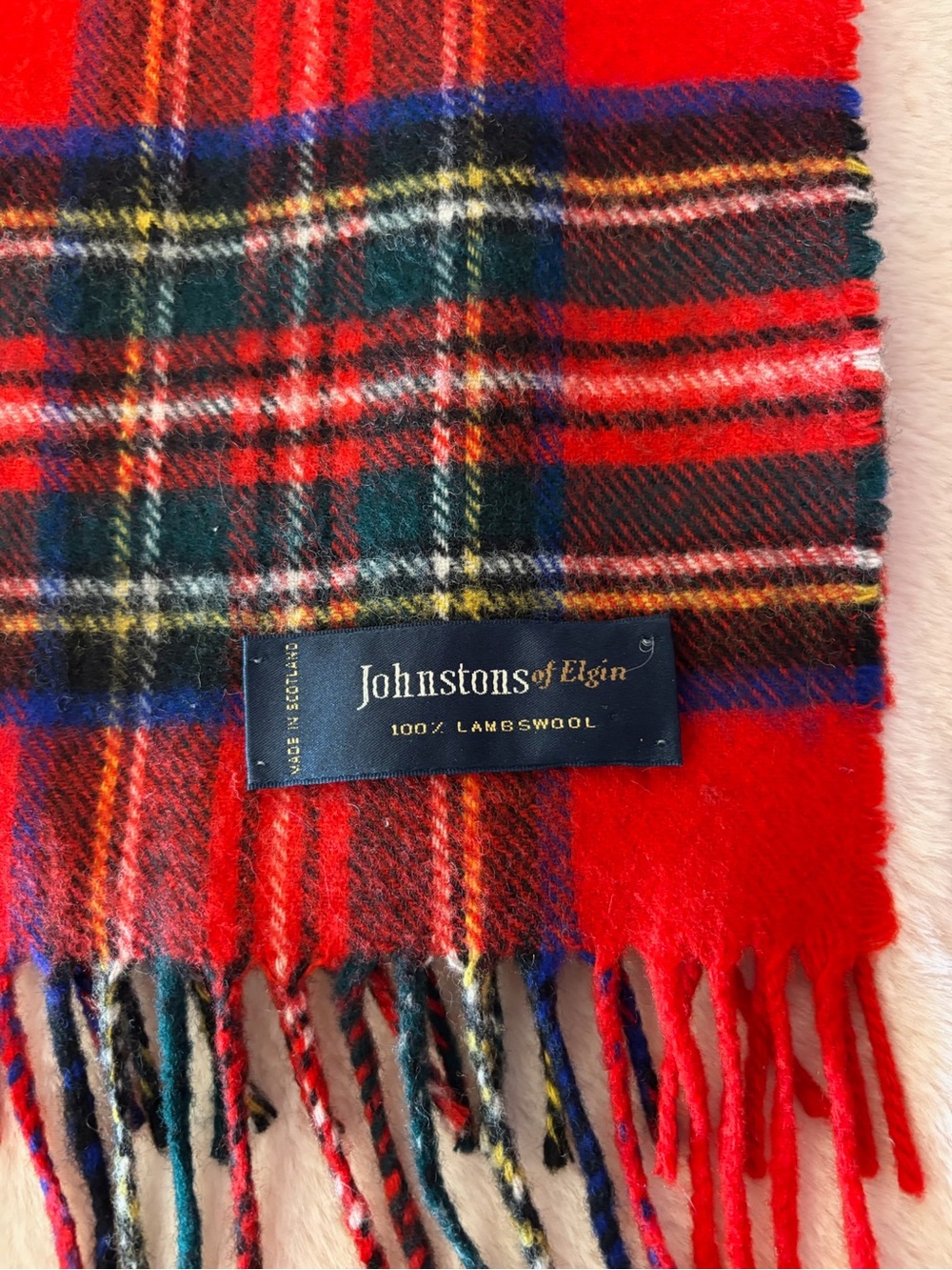 Johnstons of Elgin Red and Green Tartan Lambswool Scarf